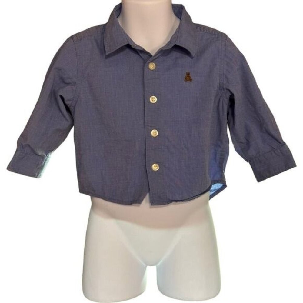 Baby Gap Toddler Shirt 12-18 Months Blue Long Sleeve Cotton Bear Embroidery